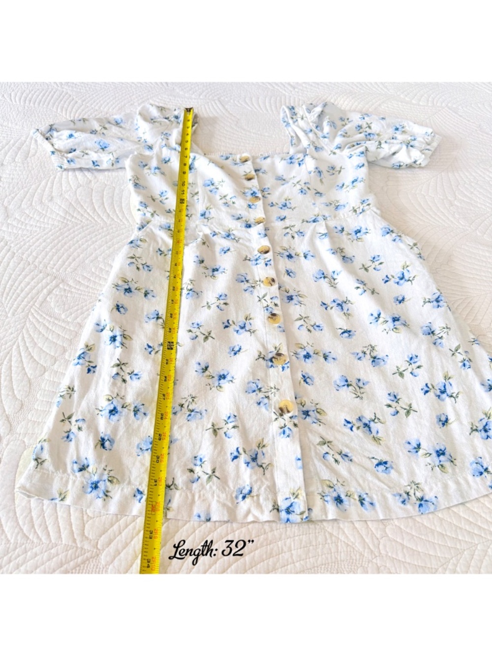 Linen Coquette Cottage Blue Floral Puff-Sleeve Mini Summer Dress Old Navy Sz M - Picture 17 of 17